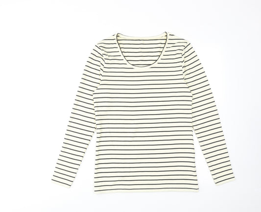 Marks and Spencer Womens Ivory Striped Acrylic Basic T-Shirt Size 16 Round Neck