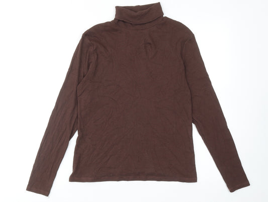Marks and Spencer Womens Brown Cotton Basic T-Shirt Size 14 Roll Neck - Ribbed