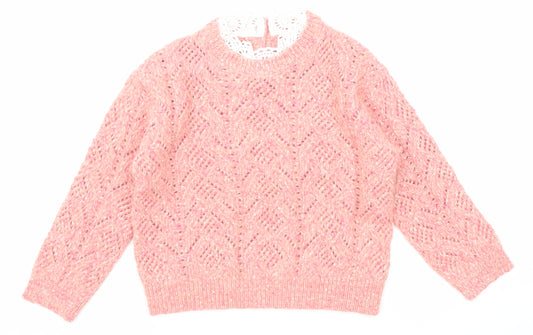 Marks and Spencer Girls Pink Round Neck Polyester Pullover Jumper Size 5-6 Years Button