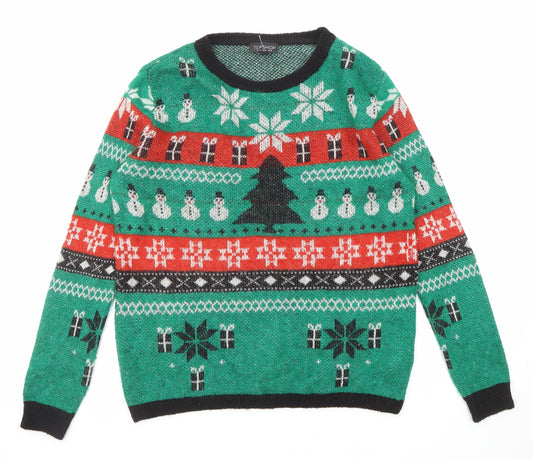 Topshop Womens Green Round Neck Fair Isle Acrylic Pullover Jumper Size 12 - Christmas snowman tree gifts