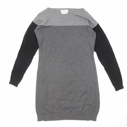 NEXT Womens Grey Colourblock Cotton Jumper Dress Size 8 Boat Neck Pullover
