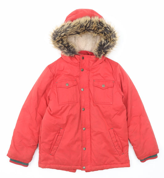 Fat Face Boys Red Parka Coat Size 9-10 Years Zip