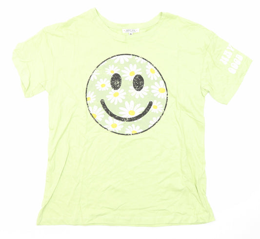Messy Bun Just Chillin Womens Green Cotton Basic T-Shirt Size M Round Neck - Smiley Face