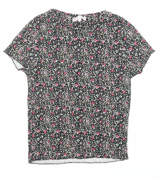 Red Herring Womens Black Floral Cotton Basic T-Shirt Size 12 Round Neck
