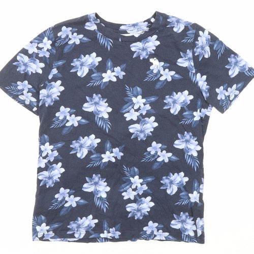 abercrombie kids Boys Blue Floral Cotton Basic T-Shirt Size 11-12 Years Round Neck Pullover
