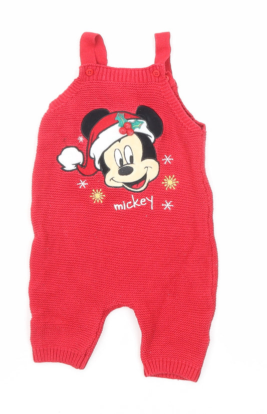 Disney Girls Red Cotton Romper One-Piece Size 0-3 Months Button - Mickey Mouse Christmas