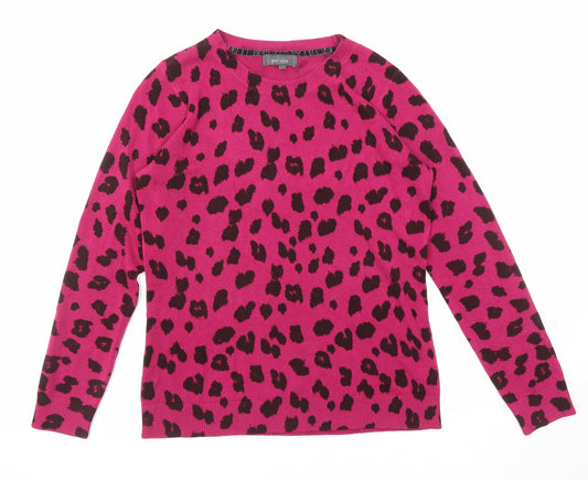 Per Una Womens Pink Round Neck Animal Print Acrylic Pullover Jumper Size 14 - Leopard pattern