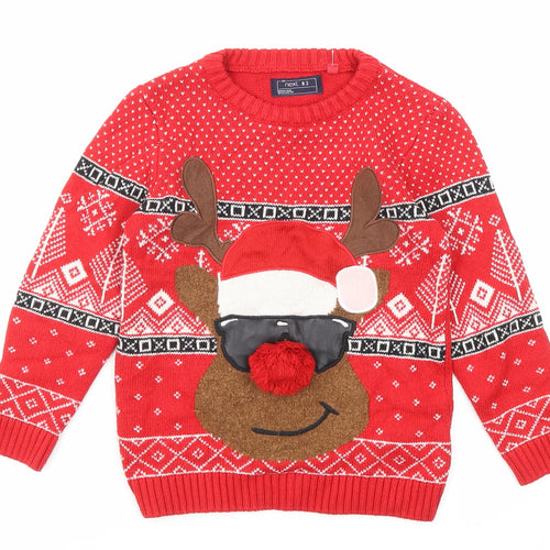 NEXT Boys Red Crew Neck Geometric Acrylic Pullover Jumper Size 6 Years Pullover - Christmas Reindeer