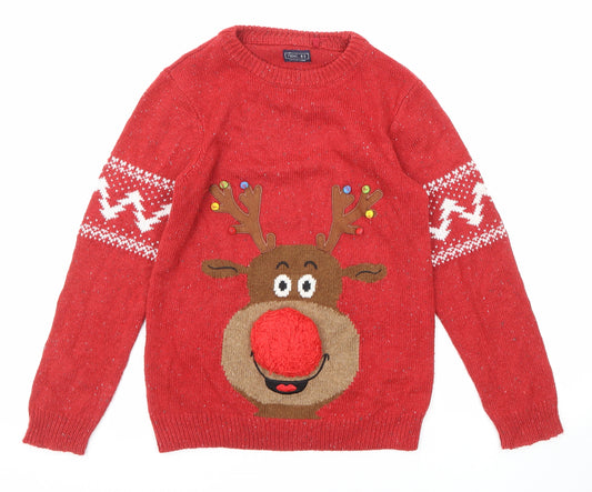 NEXT Boys Red Crew Neck Acrylic Pullover Jumper Size 9 Years Pullover - Christmas Reindeer