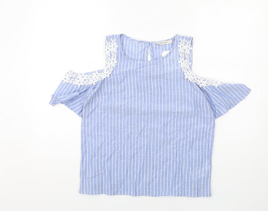 LCW Casual Womens Blue Striped Cotton Basic T-Shirt Size S Round Neck - Cold Shoulder, Lace Detail