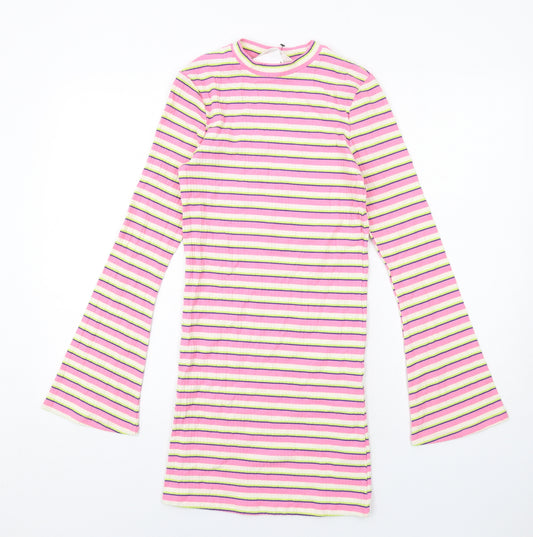 H&M Girls Multicoloured Striped Cotton T-Shirt Dress Size 14 Years Crew Neck Pullover - Flared Sleeve