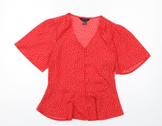 New Look Womens Red Polka Dot Polyester Basic Blouse Size 6 V-Neck