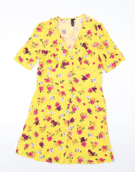 Nobody's Child Womens Yellow Floral Viscose A-Line Size 10 V-Neck Button