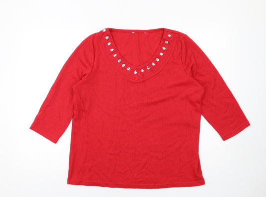 Bonmarché Womens Red Polyester Basic T-Shirt Size 16 Scoop Neck - Embellished Neckline