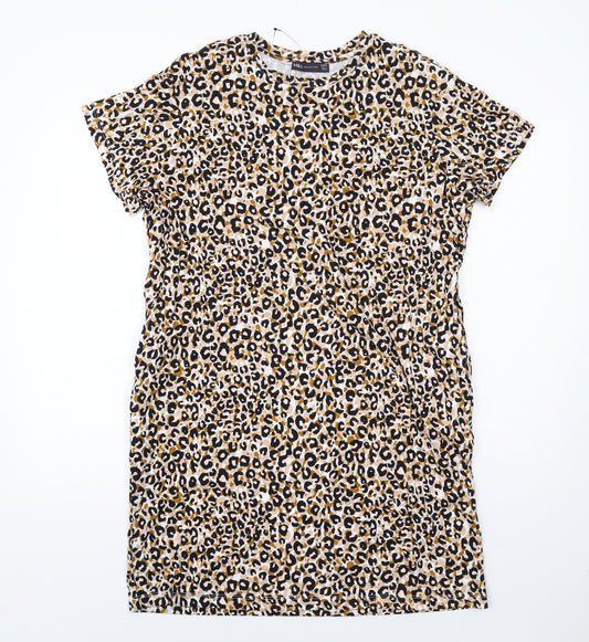 Marks and Spencer Womens Beige Animal Print Cotton T-Shirt Dress Size 14 Round Neck Pullover - Leopard pattern