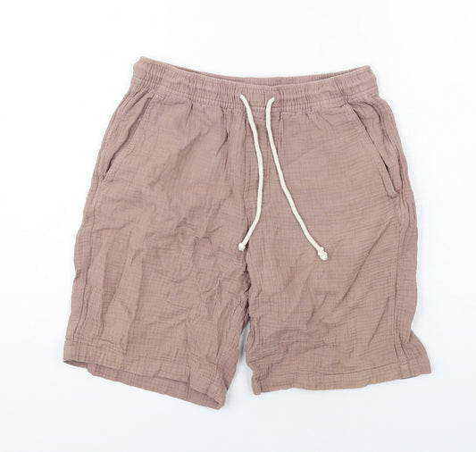 Zara Mens Brown Cotton Bermuda Shorts Size S Regular Drawstring - Textured
