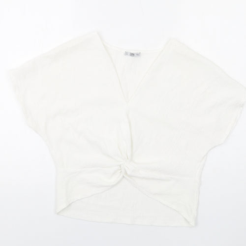 Zara Womens White Viscose Basic Blouse Size S V-Neck - Knot Front Detail