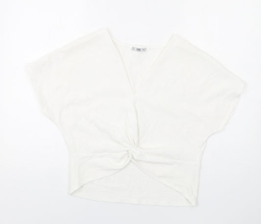 Zara Womens White Viscose Basic Blouse Size S V-Neck - Knot Front Detail