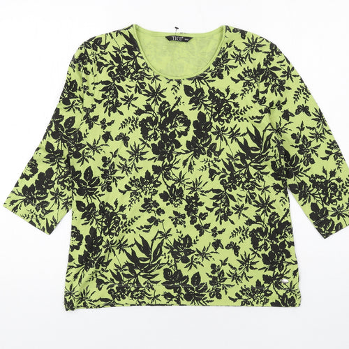 TIGI Womens Green Floral Polyester Basic T-Shirt Size 10 Round Neck