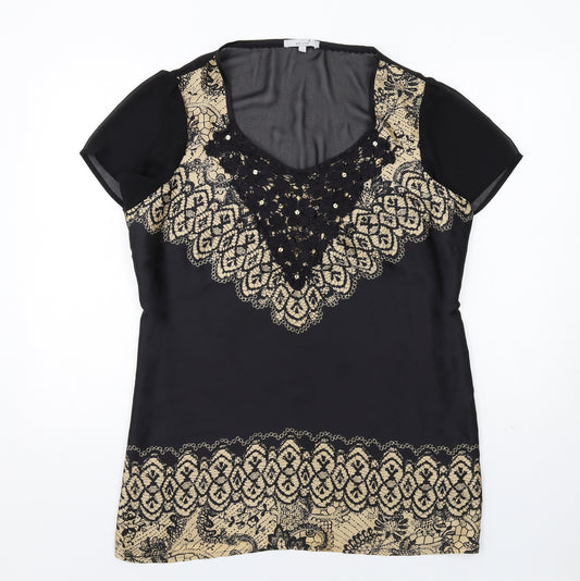 Per Una Womens Black Geometric Polyester Basic Blouse Size 18 Round Neck - Lace Detail