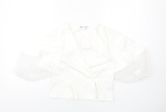 Zara Womens White Viscose Cropped Blouse Size S V-Neck