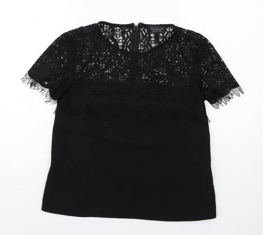 Topshop Womens Black Polyester Basic Blouse Size 8 Round Neck - Lace Details