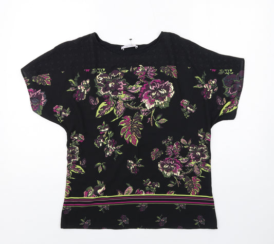 Per Una Womens Black Floral Polyester Basic T-Shirt Size 12 Round Neck