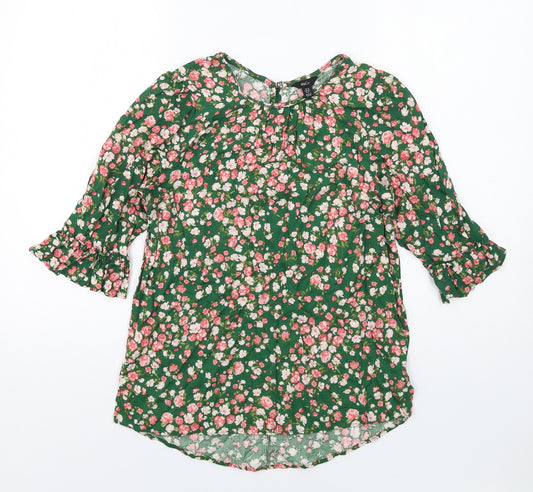 M&Co Womens Green Floral Viscose Basic Blouse Size 10 Round Neck