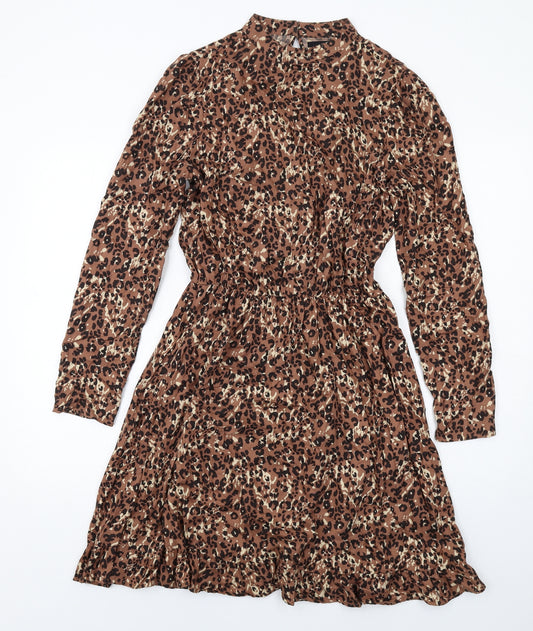 NEXT Womens Brown Animal Print Viscose Fit & Flare Size 8 Round Neck Button - Leopard pattern