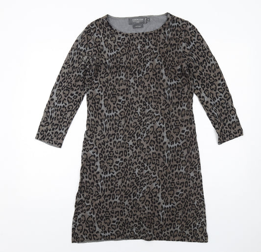Coercion Womens Grey Animal Print Cotton Jumper Dress Size M Round Neck Pullover - Leopard pattern