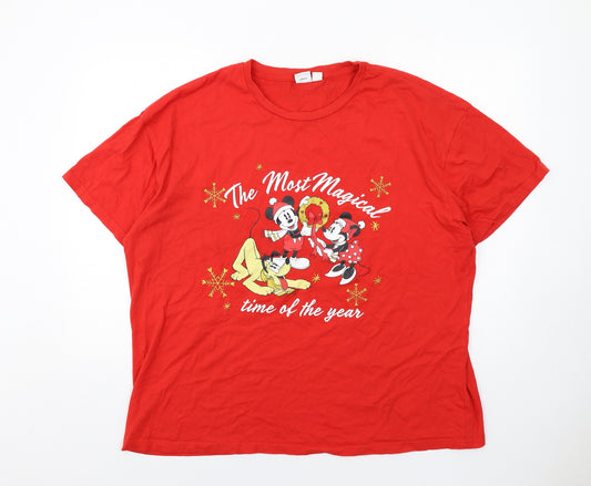 Disney Womens Red Cotton Basic T-Shirt Size XL Crew Neck - Mickey and Friends Christmas