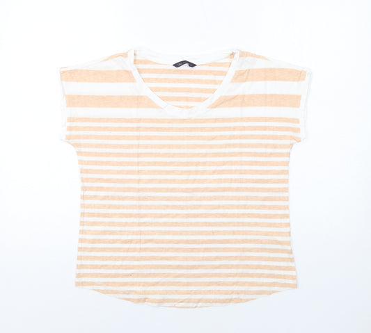 Marks and Spencer Womens Beige Striped Cotton Basic T-Shirt Size 14 Scoop Neck