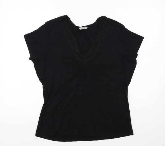 Marks and Spencer Womens Black Cotton Basic T-Shirt Size 20 V-Neck - Lace Detail