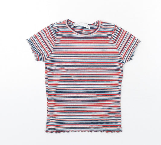 Marks and Spencer Girls Multicoloured Striped Polyester Pullover T-Shirt Size 5-6 Years Crew Neck Pullover