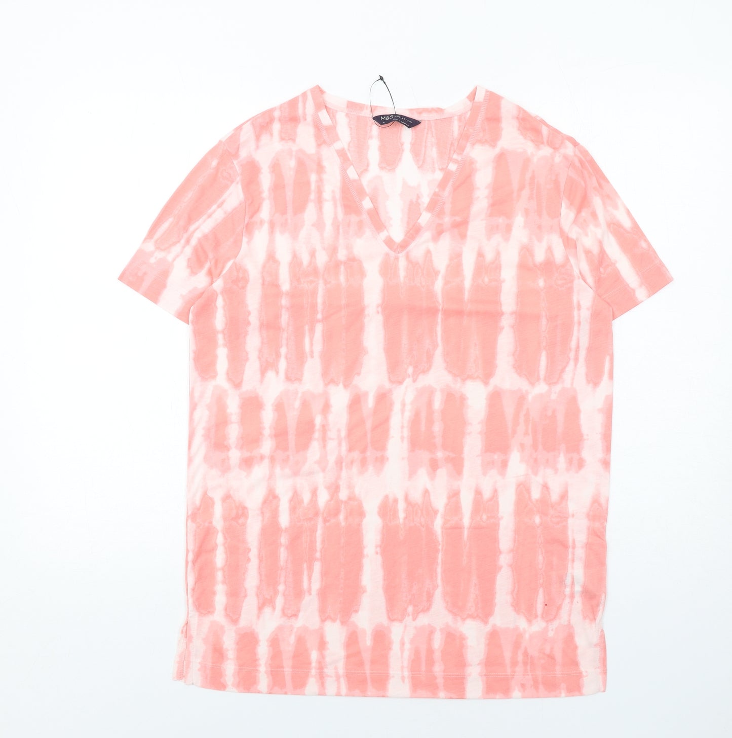 Marks and Spencer Womens Pink Polyester Basic T-Shirt Size 10 V-Neck - Tie-Dye