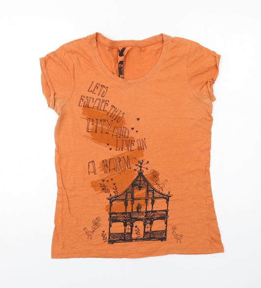 NEXT Womens Orange Cotton Basic T-Shirt Size 14 Round Neck