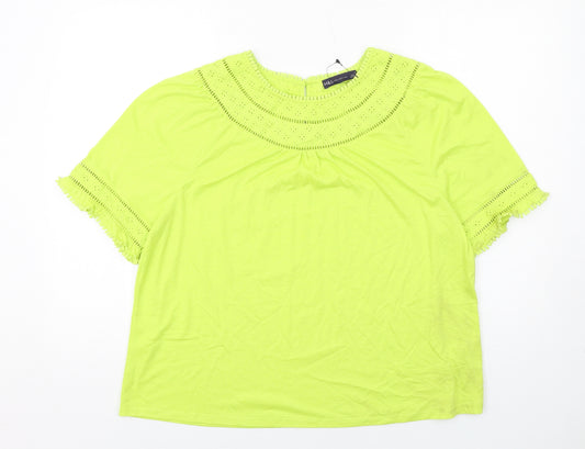 Marks and Spencer Womens Green Polyester Basic Blouse Size 16 Round Neck - Broderie Anglaise Details