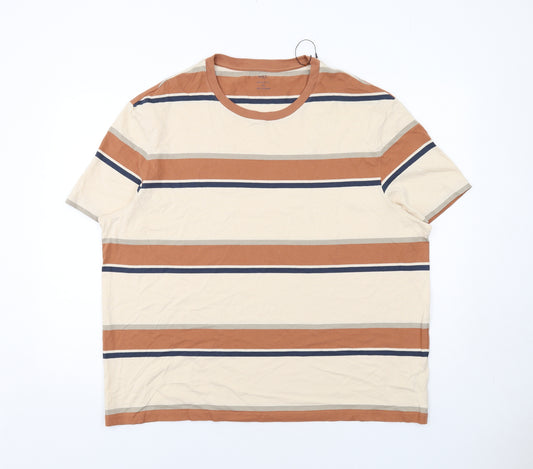 Marks and Spencer Mens Beige Striped Cotton T-Shirt Size 2XL Round Neck
