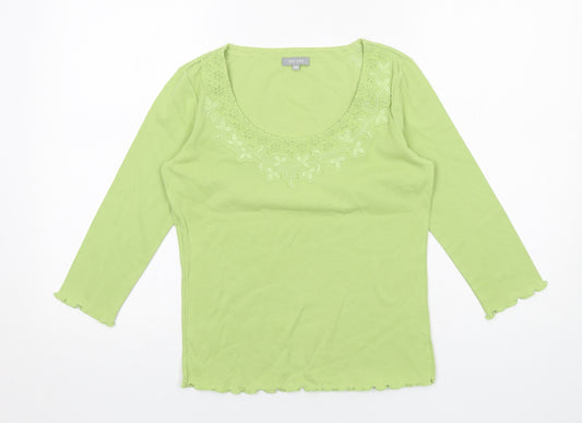 Per Una Womens Green Cotton Basic T-Shirt Size 8 Scoop Neck - Broderie Anglaise Details
