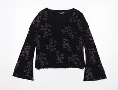 Spirit Womens Black Floral Polyester Basic Blouse Size 18 V-Neck - Ring Detail Flared Sleeve