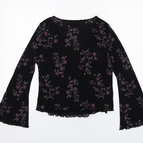 Spirit Womens Black Floral Polyester Basic Blouse Size 18 V-Neck - Ring Detail Flared Sleeve