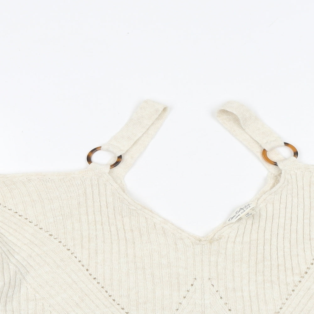 Miss Selfridge Womens Beige V-Neck Polyester Pullover Jumper Size 14 - Cold Shoulder