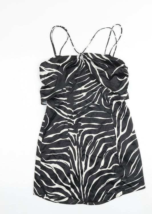 Zara Womens Black Animal Print Elastane Slip Dress Size L Square Neck Zip - Zebra pattern