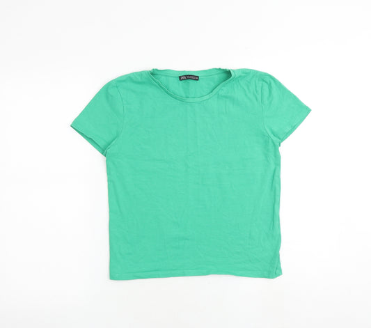Zara Womens Green 100% Cotton Basic T-Shirt Size M Crew Neck
