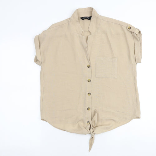 Dorothy Perkins Womens Beige Polyester Basic Button-Up Size 10 Collared - Tie Front Detail