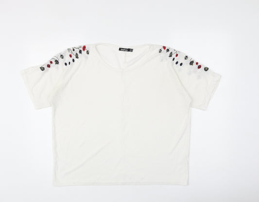 Boohoo Womens White Polyester Basic T-Shirt Size 10 Round Neck - Flower Details