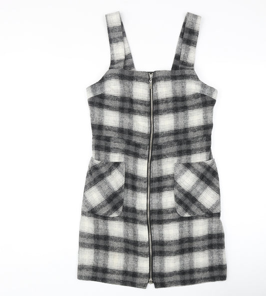 Ebony London Womens Grey Plaid Polyester Shift Size 10 Square Neck Zip