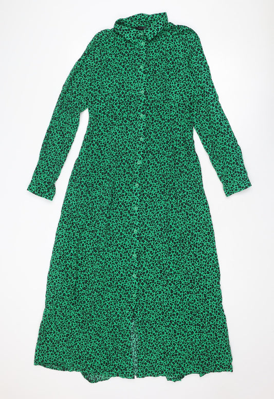New Look Maternity Womens Green Animal Print Viscose Shirt Dress Size 10 Collared Button - Leopard pattern