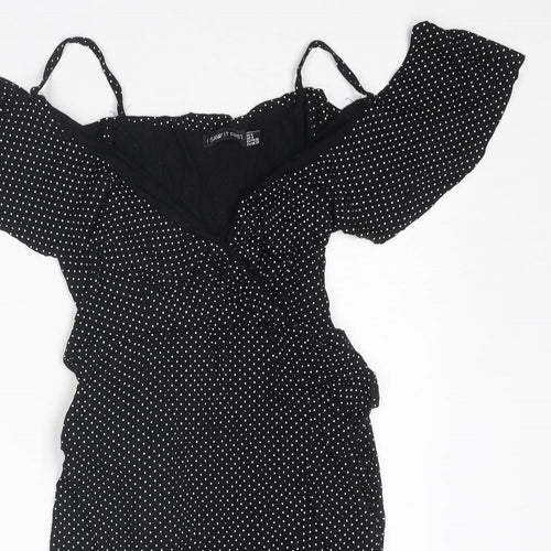I SAW IT FIRST Womens Black Polka Dot Viscose A-Line Size 8 V-Neck Pullover - Cold shoulder