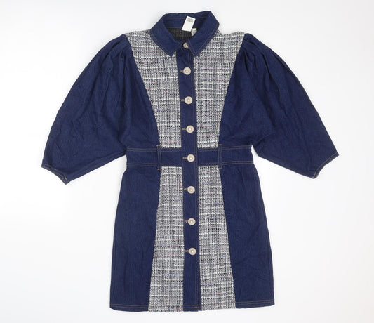 River Island Womens Blue Colourblock Polyester Shirt Dress Size 10 Collared Button